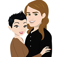 Miriam and the love of her life, as cartoons. Damm Good Design