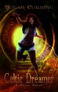 A bright warm cover in reds, golds and browns, showing young Morrigan running through a portal. Morrigan is a white girl with red curly hair and she's wearing jean-shorts and an ugly tee shirt