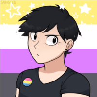 A cartoon of Miriam. Ne has pale skin and short black messy hair. There are wrinkles in the corner of hir eyes and ne is wearing a black tee shirt with a pansexual flag pin. Ne is standing in front of the non-binary flag and there are white stars decorating the edge of the image.